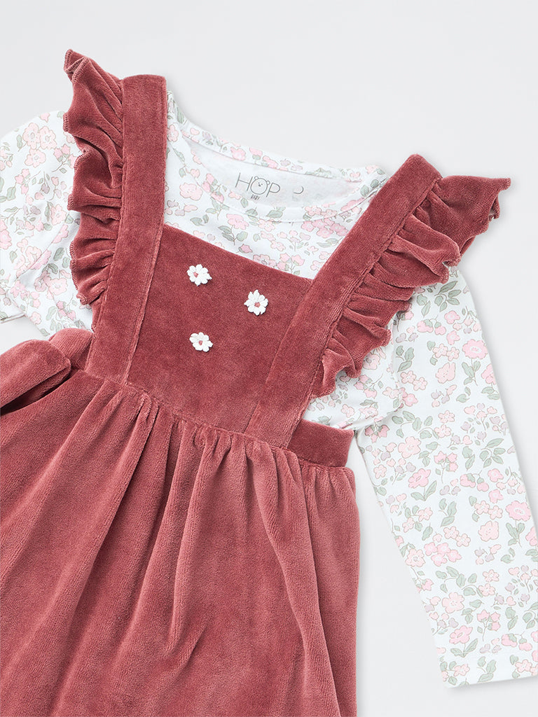 HOP Baby Girls Red Floral Applique Cotton-Blend Pinafore with T-Shirt Set