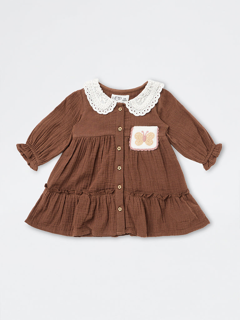 HOP Baby Girls Dark Brown Butterfly-Detail A-Line Cotton Dress