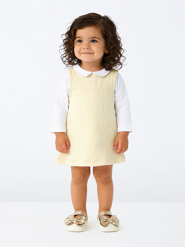 HOP Baby Girls Light Beige Butterfly Pattern Cotton-Blend Pinafore and T-Shirt