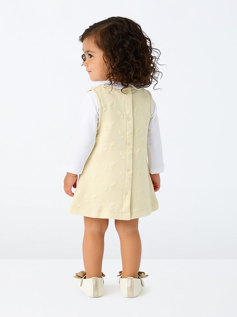 HOP Baby Girls Light Beige Butterfly Pattern Cotton-Blend Pinafore and T-Shirt