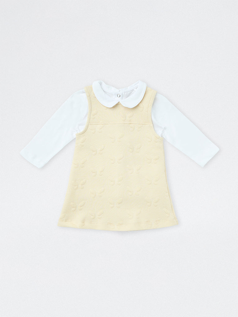 HOP Baby Girls Light Beige Butterfly Pattern Cotton-Blend Pinafore and T-Shirt