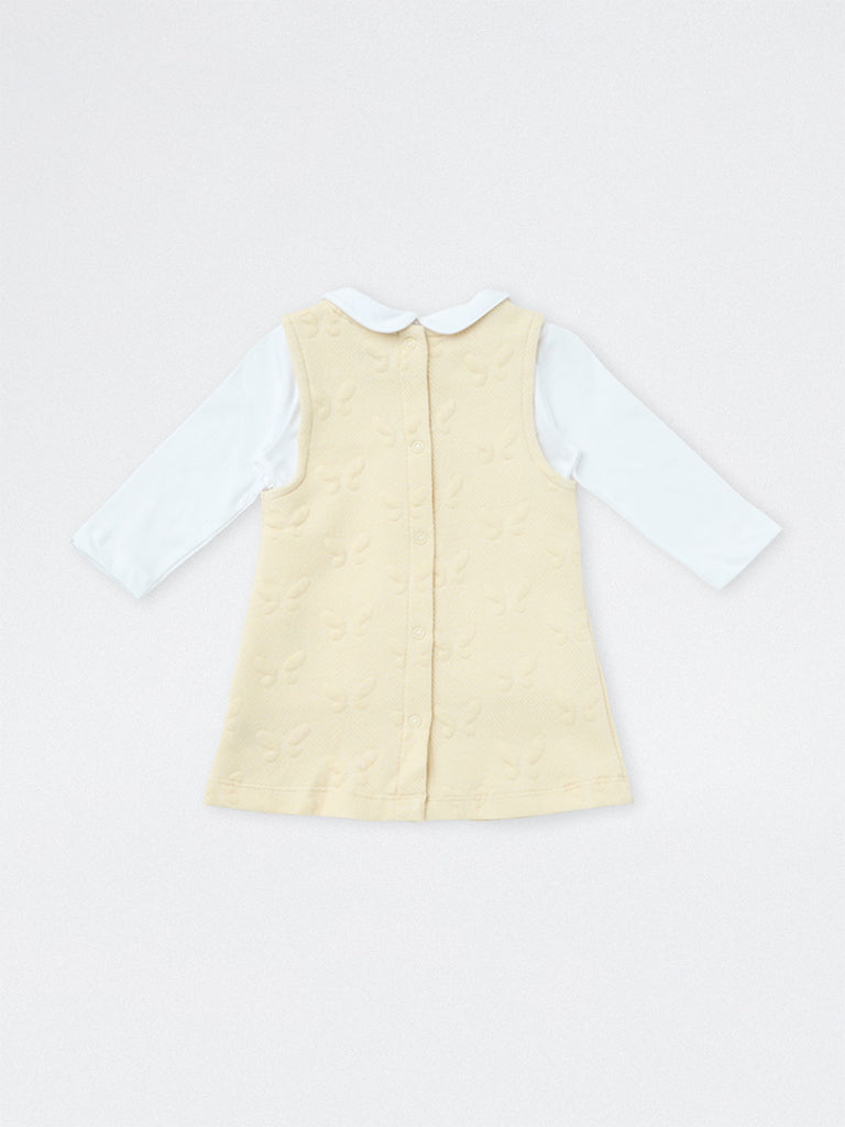 HOP Baby Girls Light Beige Butterfly Pattern Cotton-Blend Pinafore and T-Shirt