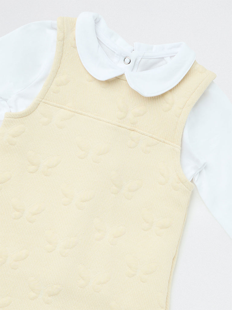 HOP Baby Girls Light Beige Butterfly Pattern Cotton-Blend Pinafore and T-Shirt