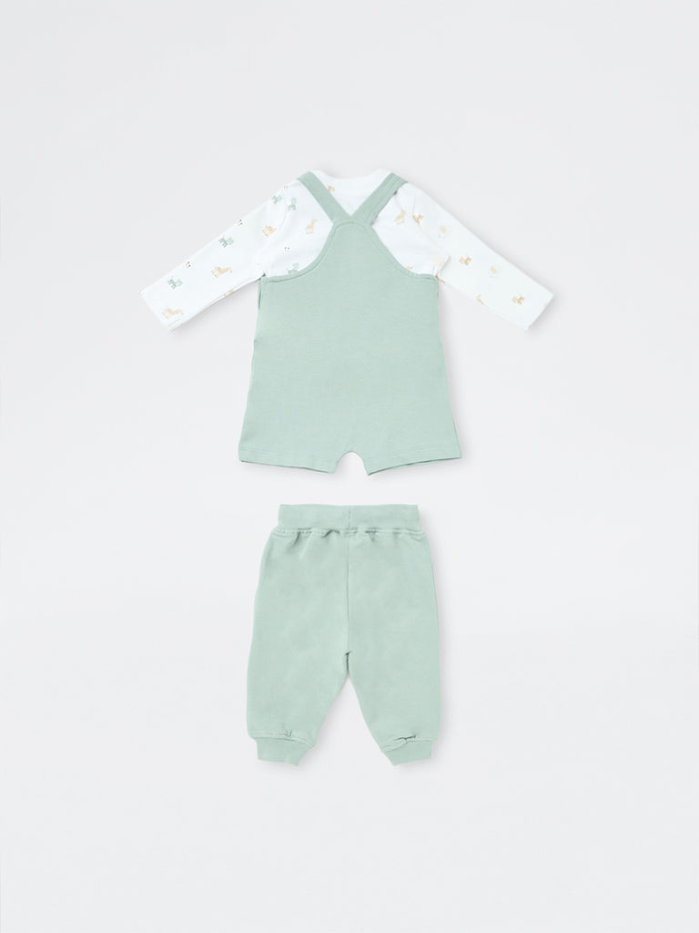 HOP Baby Boys Mint Animal Printed Cotton Dungaree with T-Shirt and Joggers Set