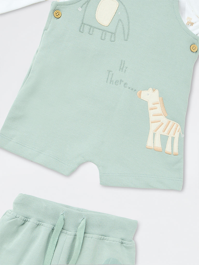 HOP Baby Boys Mint Animal Printed Cotton Dungaree with T-Shirt and Joggers Set