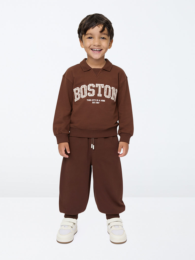 HOP Kids Boys Dark Brown Text Embroidered Cotton Sweatshirt and Joggers Set