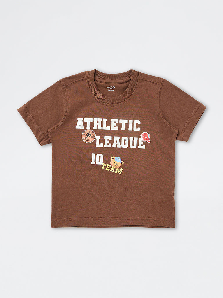 HOP Kids Boys Dark Brown Text Design Cotton T-Shirt