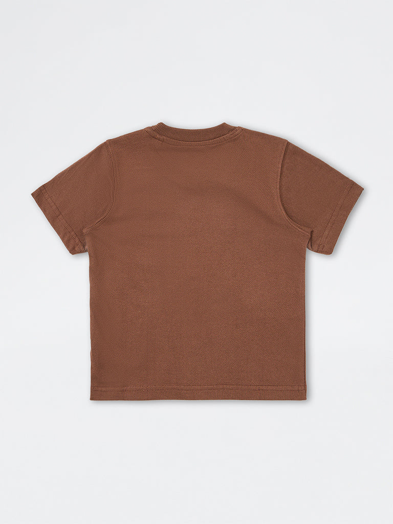 HOP Kids Boys Dark Brown Text Design Cotton T-Shirt