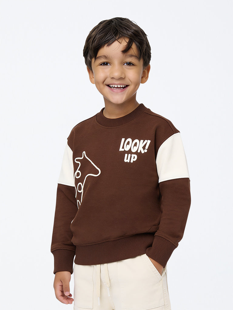 HOP Kids Boys Dark Brown Animal Embroidered Cotton Sweatshirt