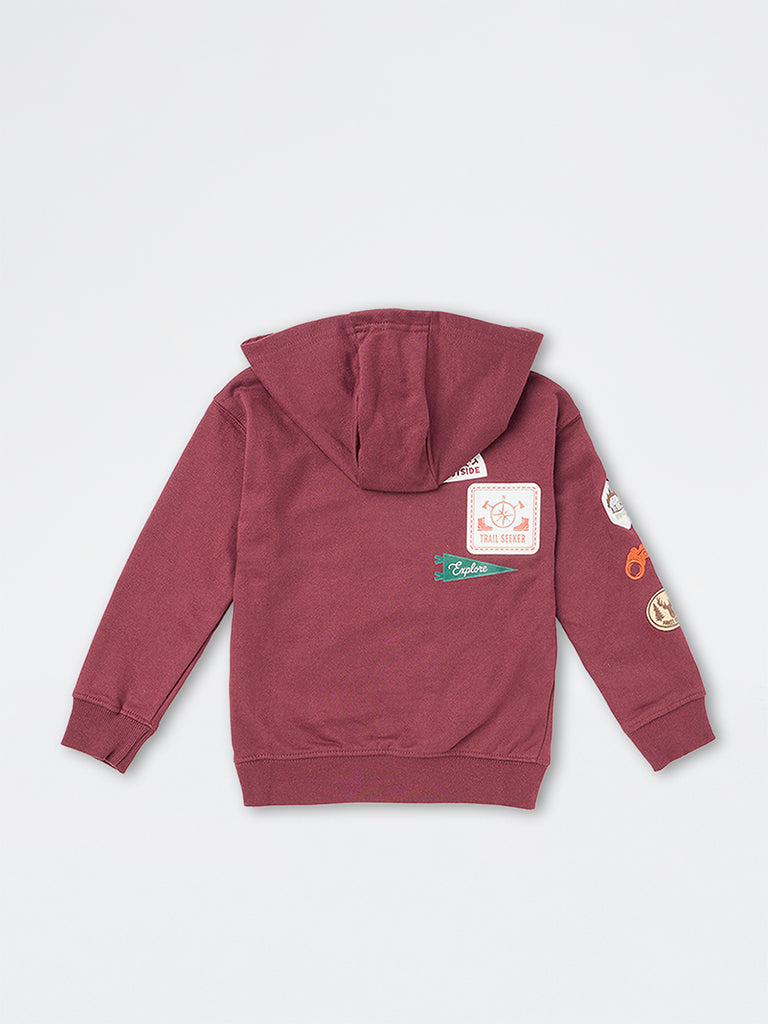 HOP Kids Boys Burgundy Patch-Detail Cotton Hooded Sweatshirt