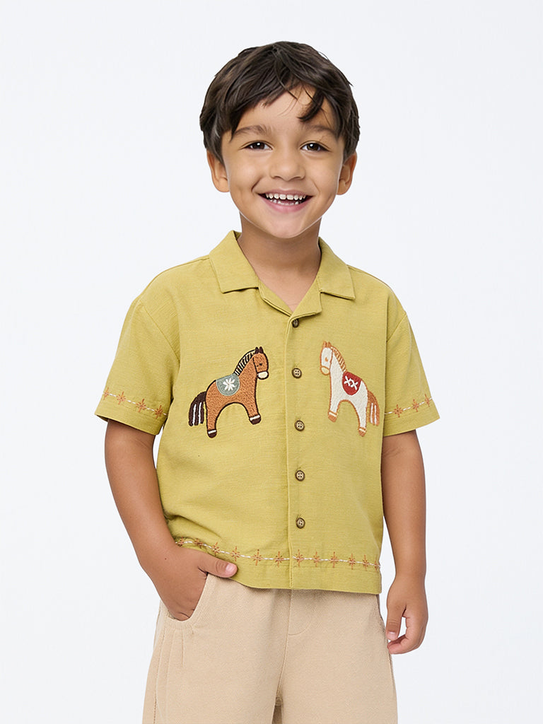 HOP Kids Boys Mustard Animal Embroidered Shirt