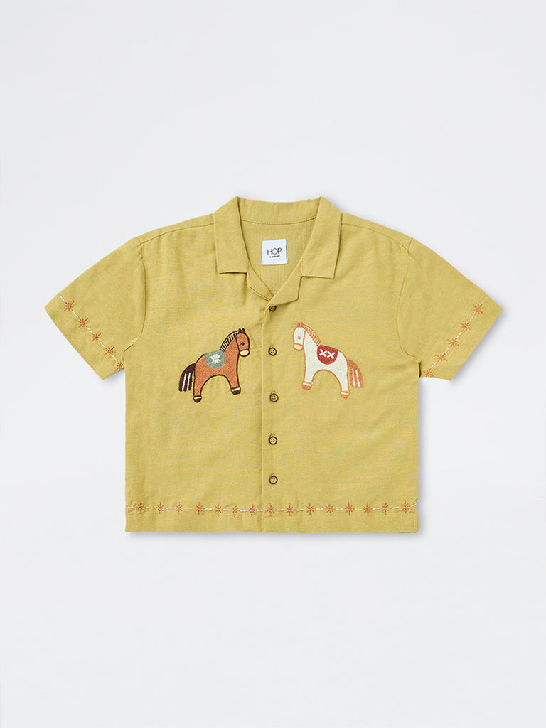 HOP Kids Boys Mustard Animal Embroidered Shirt