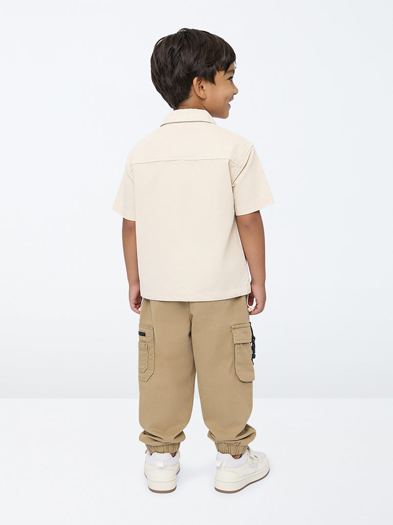 HOP Kids Boys Cream Safari-Theme Cotton Shirt
