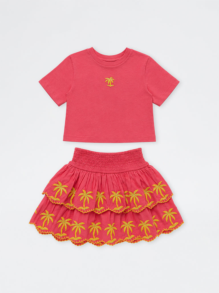 HOP Kids Girls Coral Tropical-Inspired Cotton T-Shirt with Skirt Set