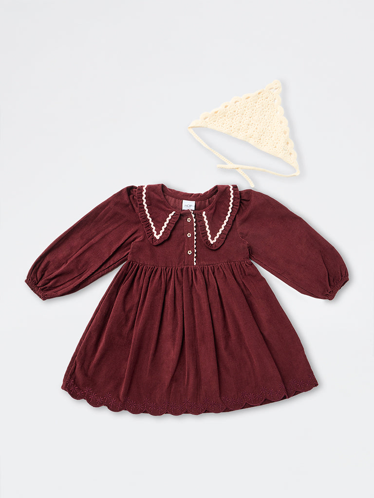 HOP Kids Girls Burgundy Fit-and-Flare Corduroy Dress with Bandana