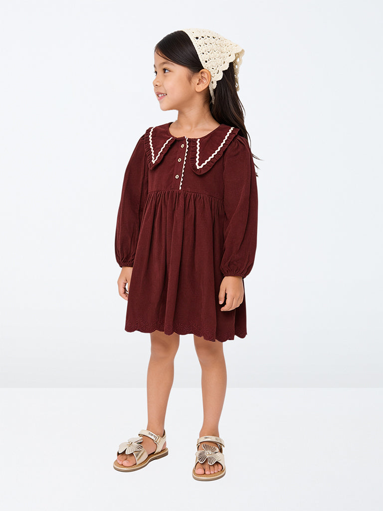 HOP Kids Girls Burgundy Fit-and-Flare Corduroy Dress with Bandana