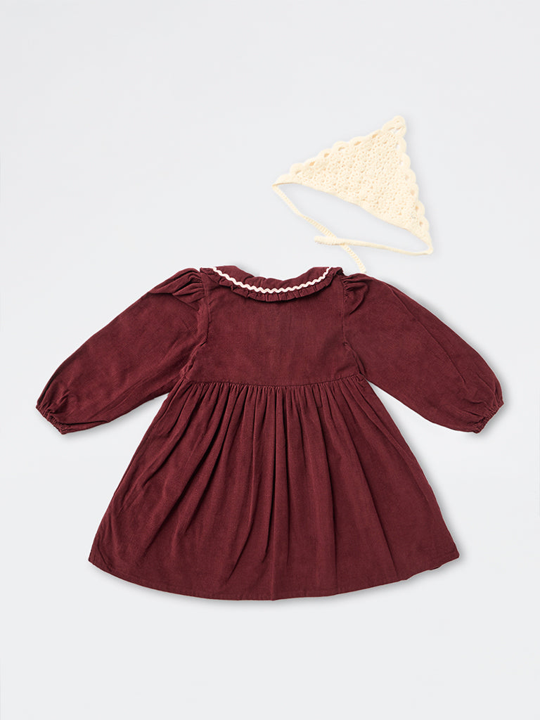 HOP Kids Girls Burgundy Fit-and-Flare Corduroy Dress with Bandana
