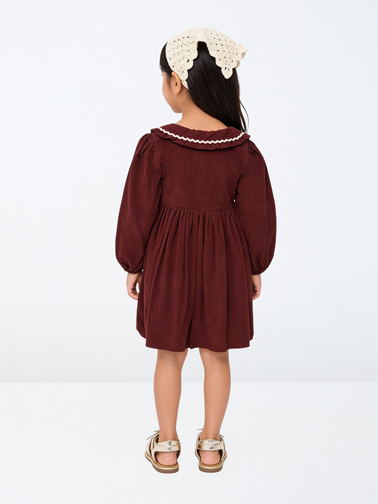 HOP Kids Girls Burgundy Fit-and-Flare Corduroy Dress with Bandana