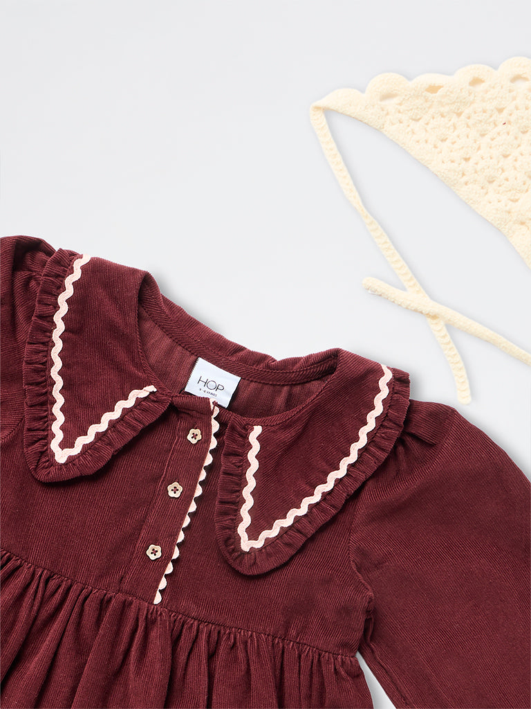 HOP Kids Girls Burgundy Fit-and-Flare Corduroy Dress with Bandana