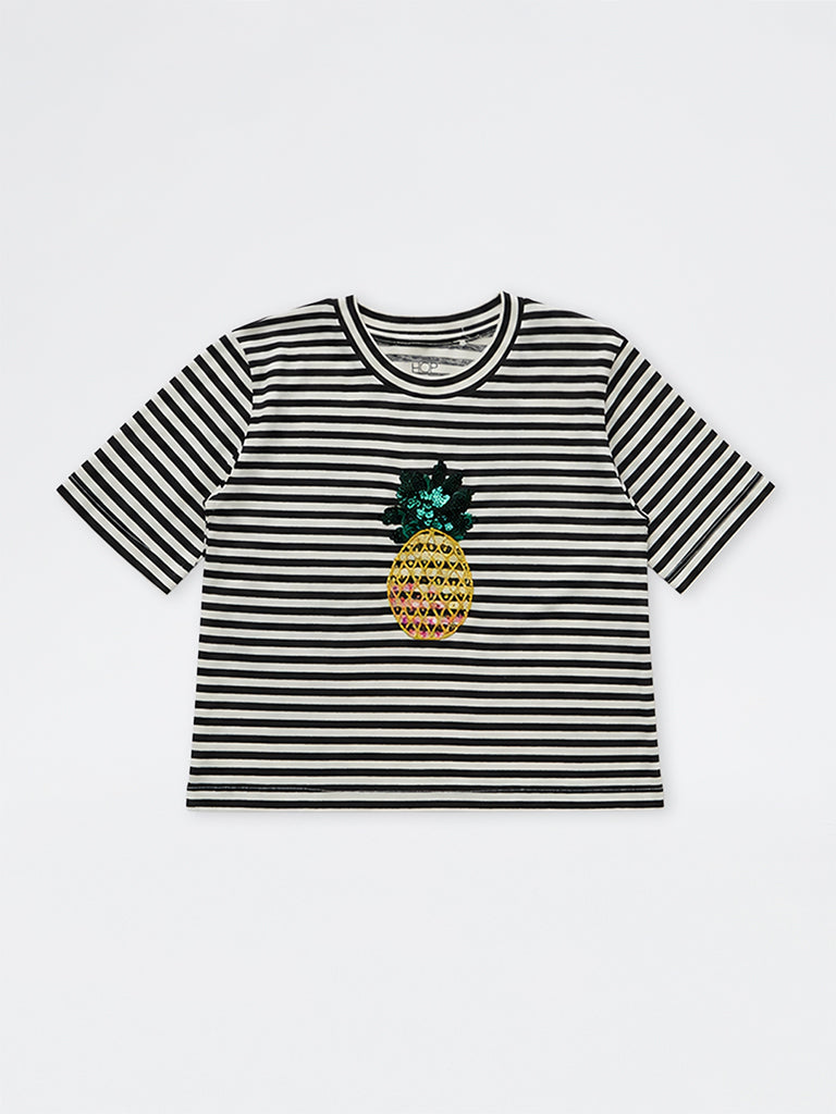 HOP Kids Girls Black Striped Cotton T-Shirt
