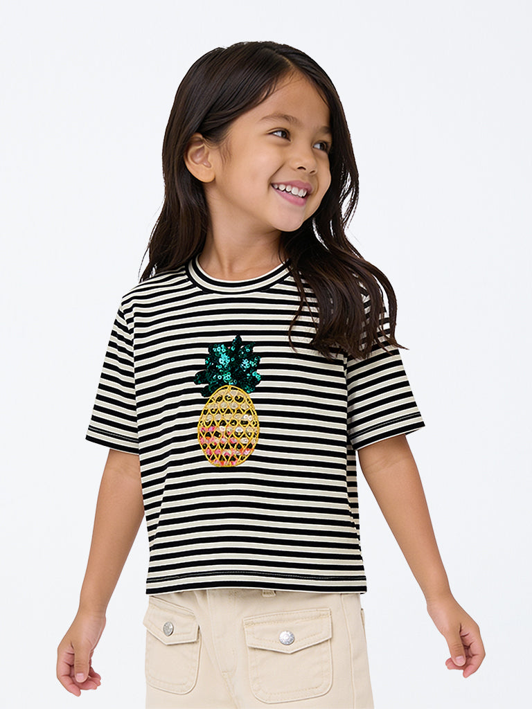 HOP Kids Girls Black Striped Cotton T-Shirt