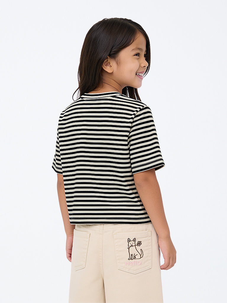 HOP Kids Girls Black Striped Cotton T-Shirt