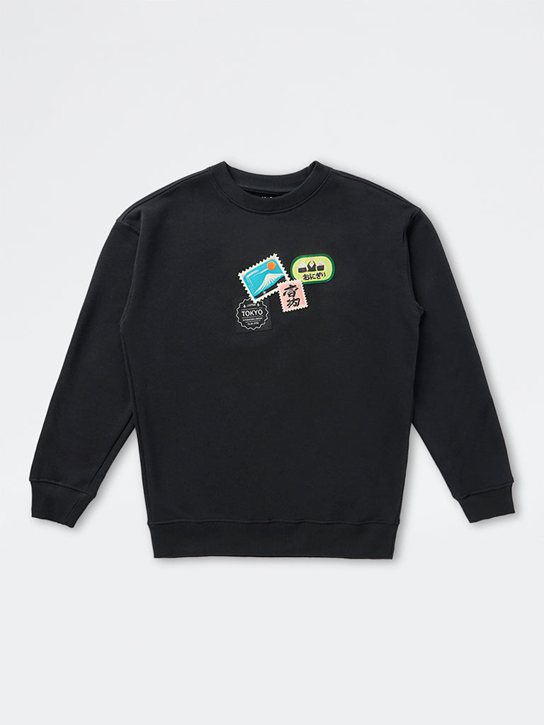 Boys Black Patchwork Design Cotton-Blend Sweatshirt