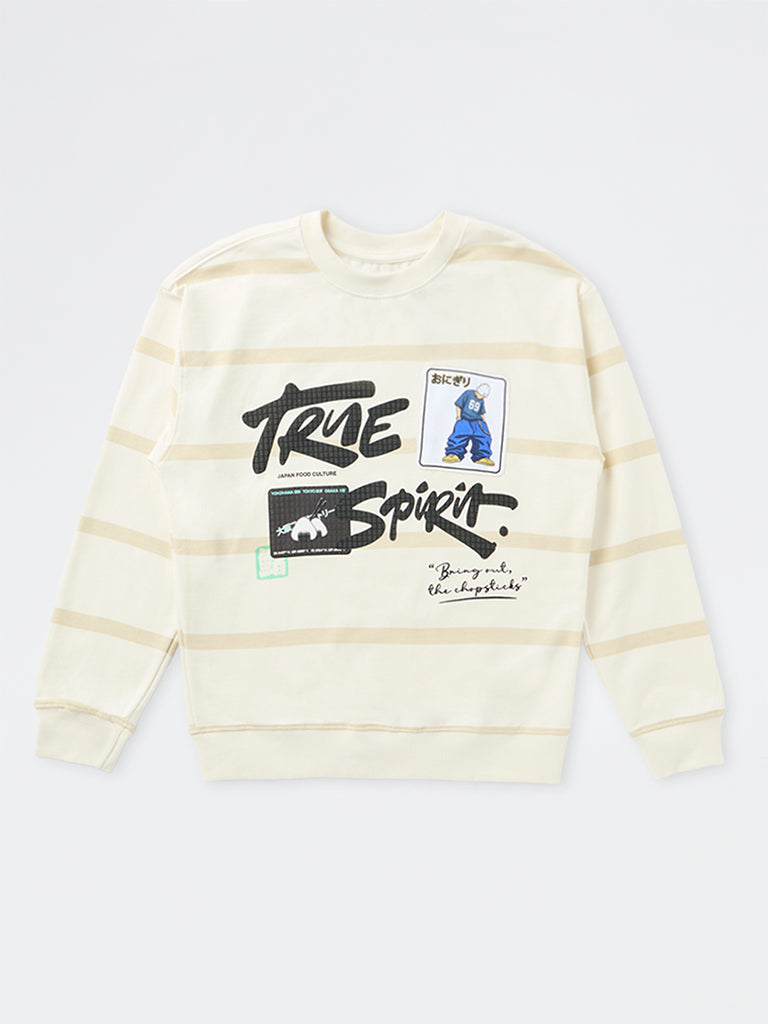 Boys Light Beige Graphic Printed Cotton-Blend Sweatshirt