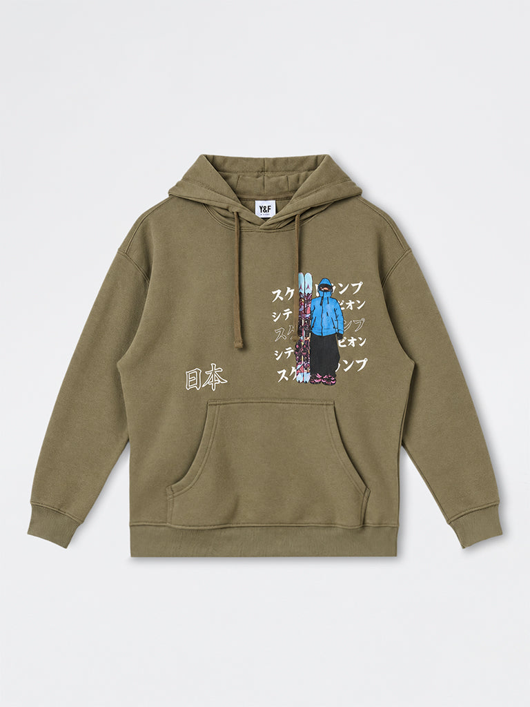 Boys Olive Japanese Graphic Printed Cotton-Blend Hoodie