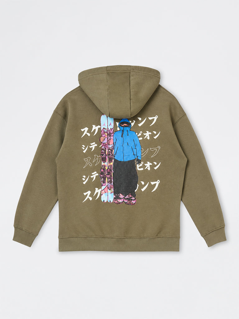 Boys Olive Japanese Graphic Printed Cotton-Blend Hoodie