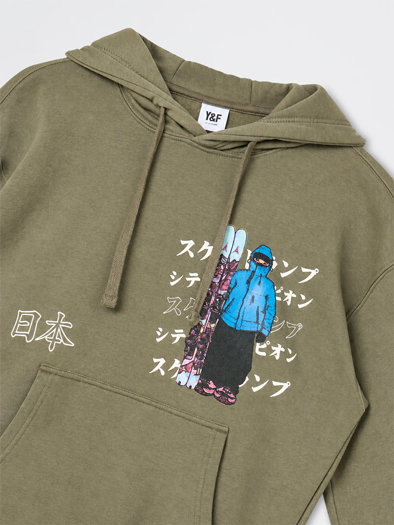Boys Olive Japanese Graphic Printed Cotton-Blend Hoodie