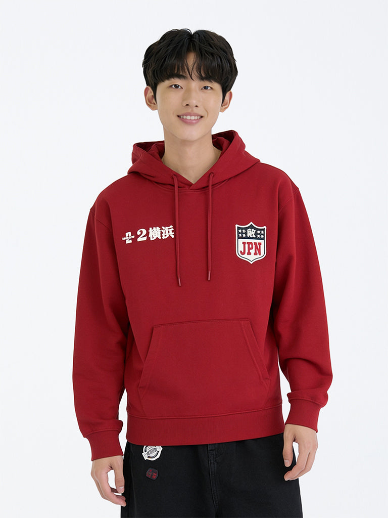 Boys Red Numerical Design Cotton-Blend Hooded Jacket