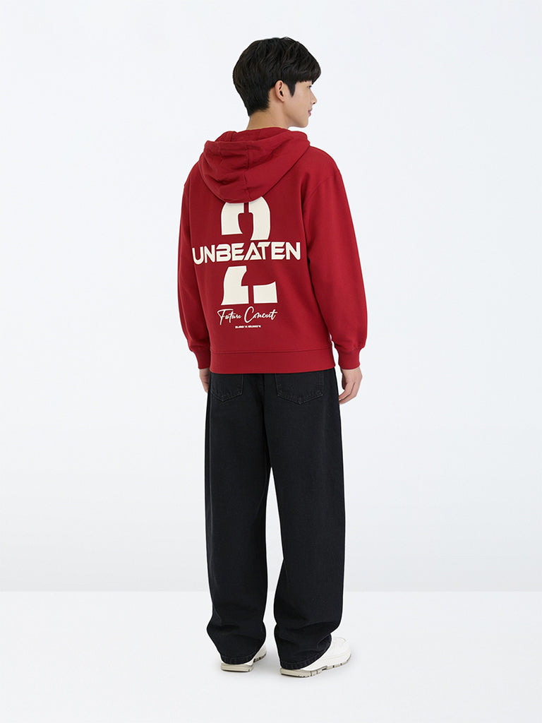Boys Red Numerical Design Cotton-Blend Hooded Jacket