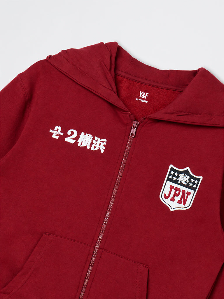 Boys Red Numerical Design Cotton-Blend Hooded Jacket