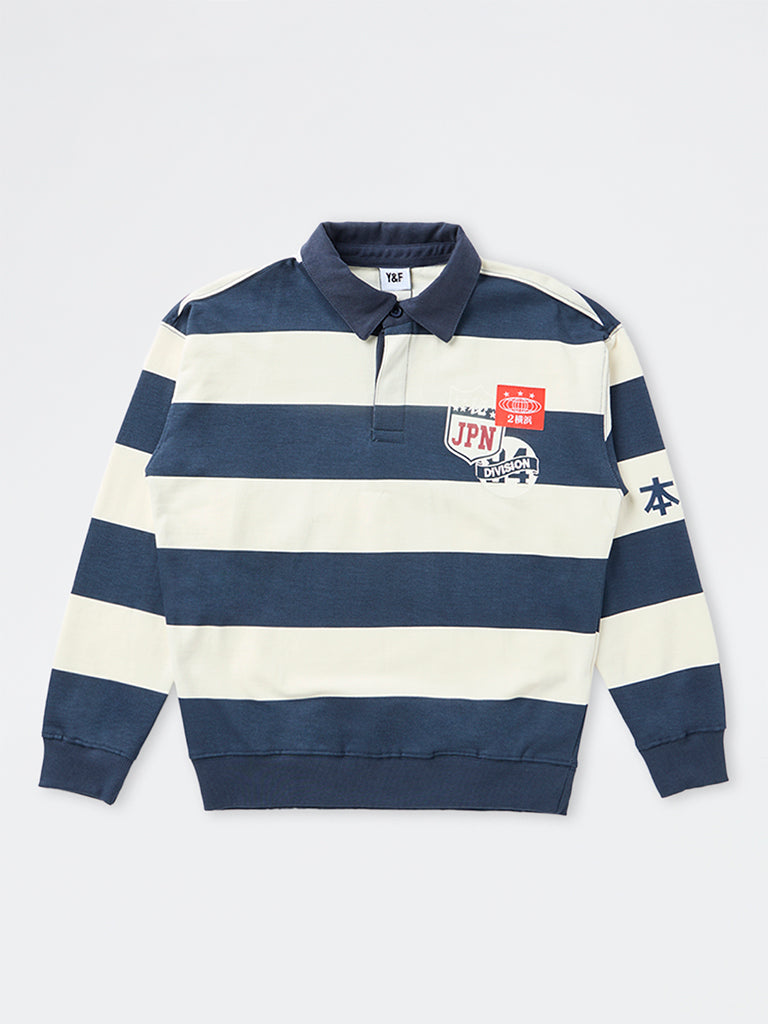 Boys Navy Stripe Printed Cotton Polo Sweatshirt
