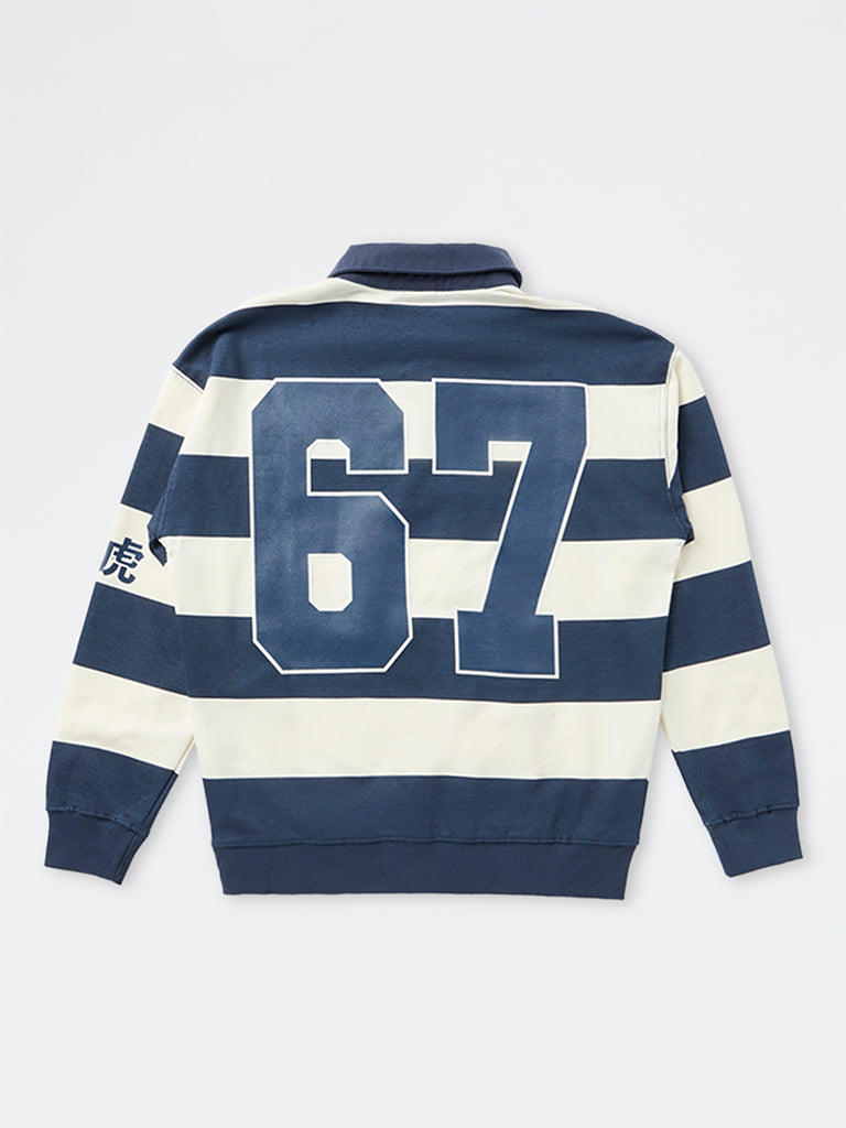 Boys Navy Stripe Printed Cotton Polo Sweatshirt