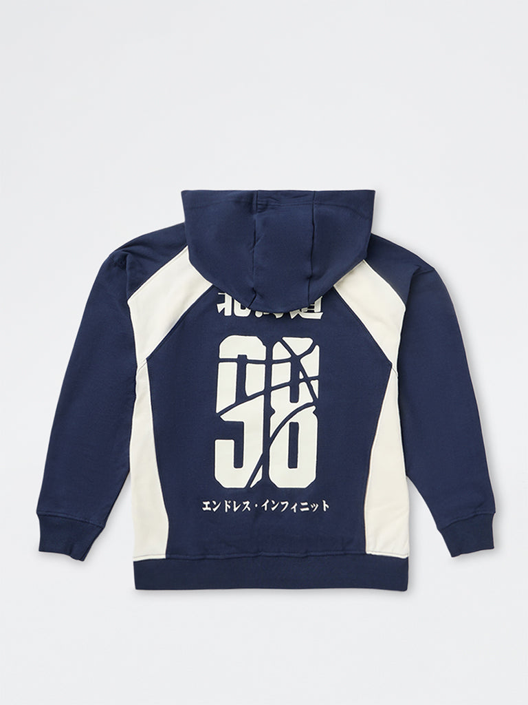 Boys Navy Printed Cotton Hoodie