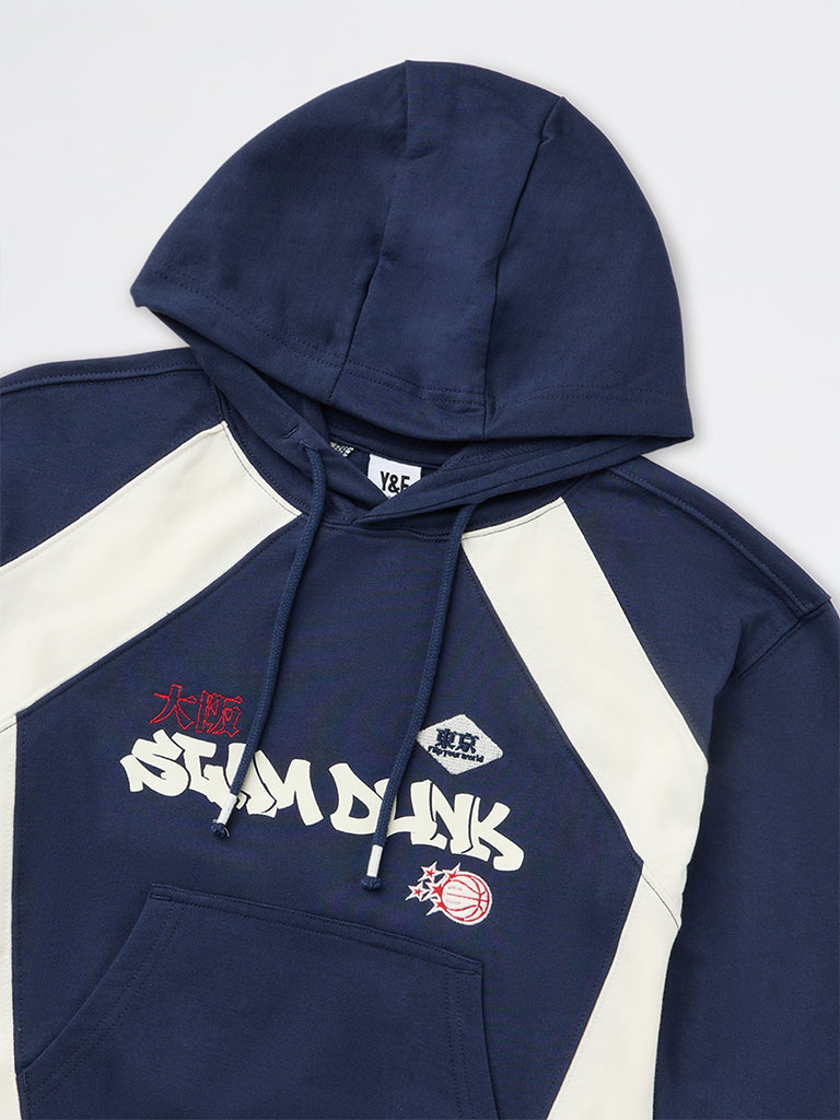 Boys Navy Printed Cotton Hoodie