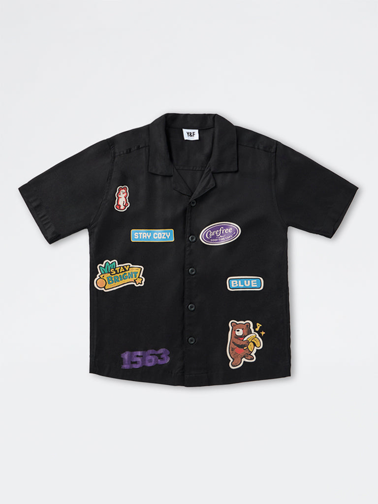 Boys Black Patchwork-Detail Shirt