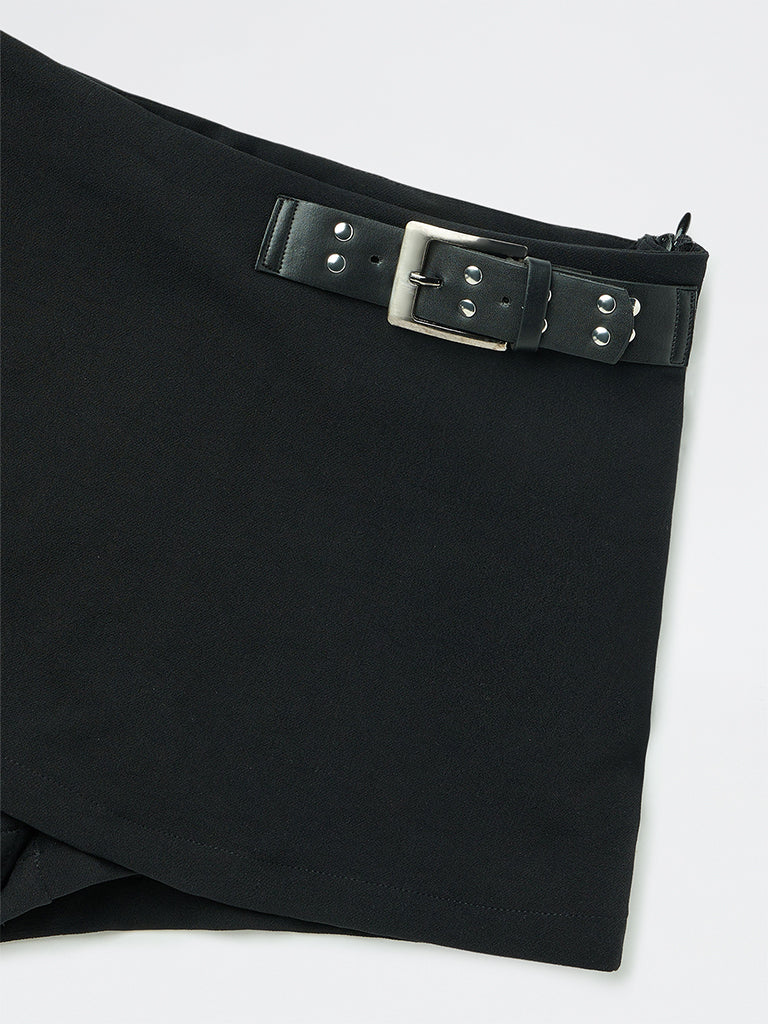 Girls Black Belt-Detail High-Rise Skorts