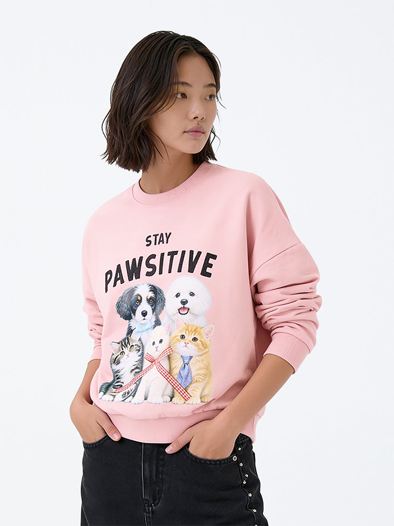 Girls Light Pink Animal Printed Cotton Sweatshirt