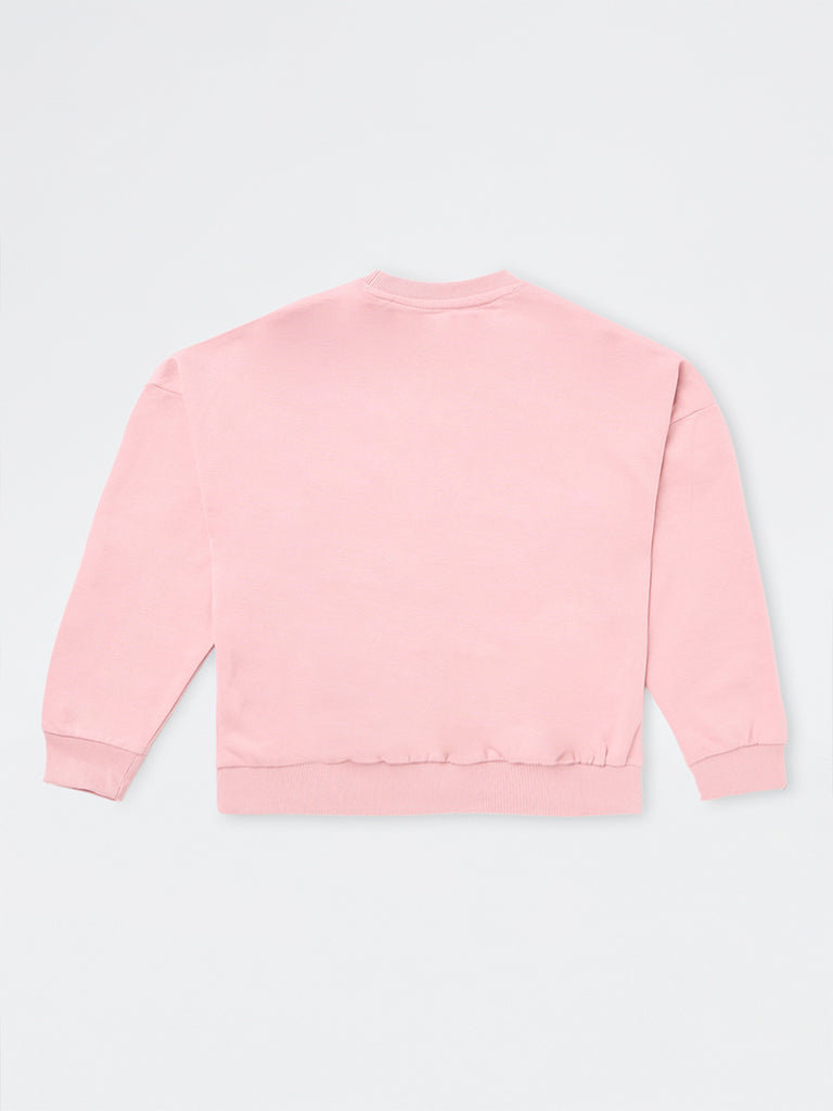 Girls Light Pink Animal Printed Cotton Sweatshirt