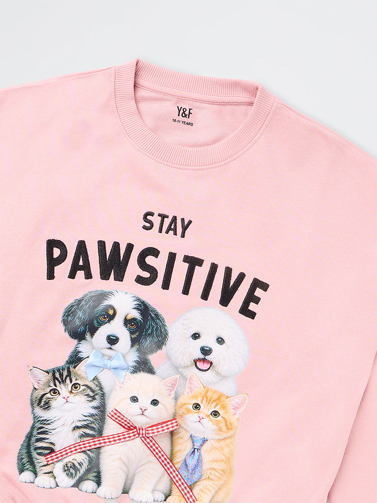 Girls Light Pink Animal Printed Cotton Sweatshirt