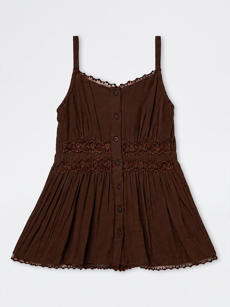Girls Dark Brown Lace Detail Peplum Cotton Top