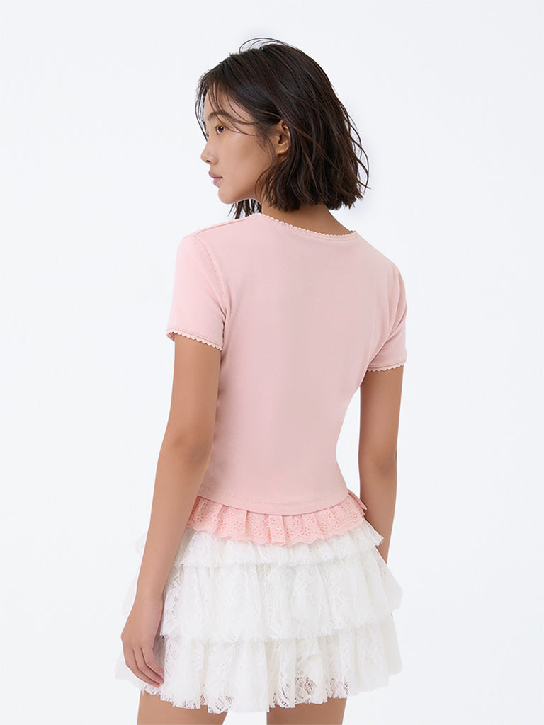 Girls Light Pink Text Embellished Cotton-Blend Top