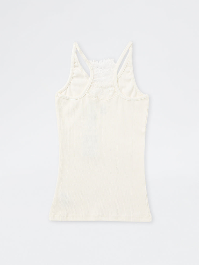 Girls Cream Ribbed Cotton-Blend Top