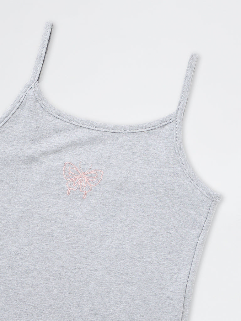 Girls Grey Butterfly Embroidered Cotton-Blend Top