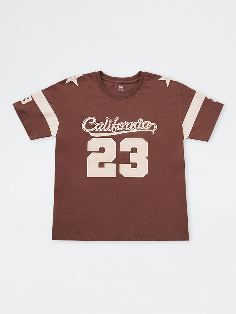 Girls Brown Numerical Design Cotton T-Shirt