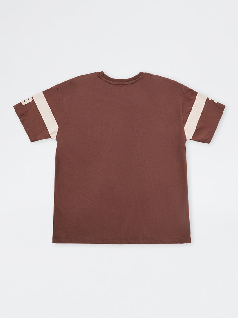Girls Brown Numerical Design Cotton T-Shirt
