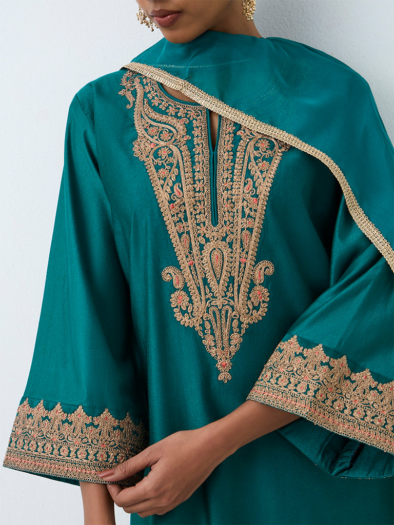 Vark Teal Paisley Embroidered Straight Ethnic Set